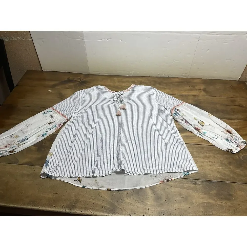 Johnny Was Workshop Effortless Peasant Top Puff Floral Tassel Size Small
